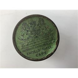 19th century drum-shaped tin of Enfield Rifle Caps with printed green label to the lift-off lid D5.5cm