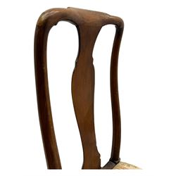 Pair of 19th century Queen Anne design walnut framed side chairs, yoke crest rail over vase-shaped splat, upholstered drop-in seats, raised on cabriole supports with pad feet united by turned stretchers