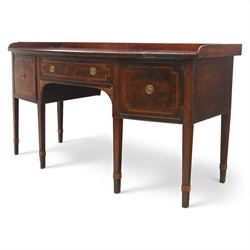  George III mahogany bow-front sideboard, the top with shaped gallery back above one frieze drawers, each outlined with strung inlay, flanked by deep cupboard doors, raised on square tapering legs with spade feet