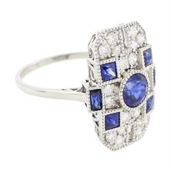 Platinum sapphire and diamond panel ring, milgrain set with round and calibre cut sapphires and round cut diamonds, stamped Pt 950, total sapphire weight 0.87 carat, total diamond weight 0.46 carat