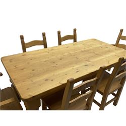 Pine farmhouse design dining table, rectangular top on turned supports (183cm x 91cm, H78cm); together with a set of six (4+2) beech dining chairs