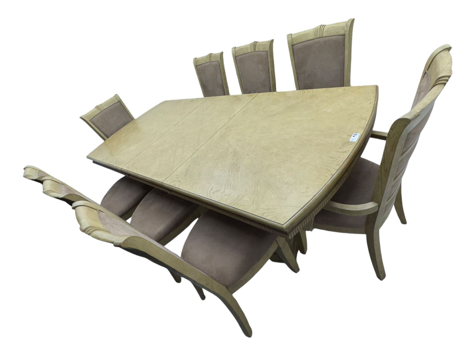 Brunswick - washed oak finish extending dining table, rectangular top with curved ends and carved frieze, central extension leaf, raised on twin pedestals with arched plinth bases and square-sectioned column supports; set of eight (6+2) high-back dining chairs upholstered in beige velvet fabric