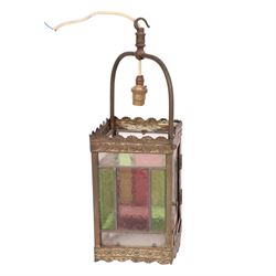 Victorian brass and stained glass hall lantern, H47cm