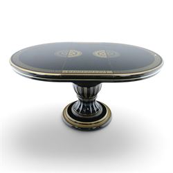 Italian Neoclassical inspired ebonised gloss dining table with four matching chairs,  circular top with additional leaf (Extends to  145cm) with Greek key banding, on a shaped pedestal base with gilt highlights and stepped plinth, the chairs en suite with padded back and seat with Greek key, reeded front supports