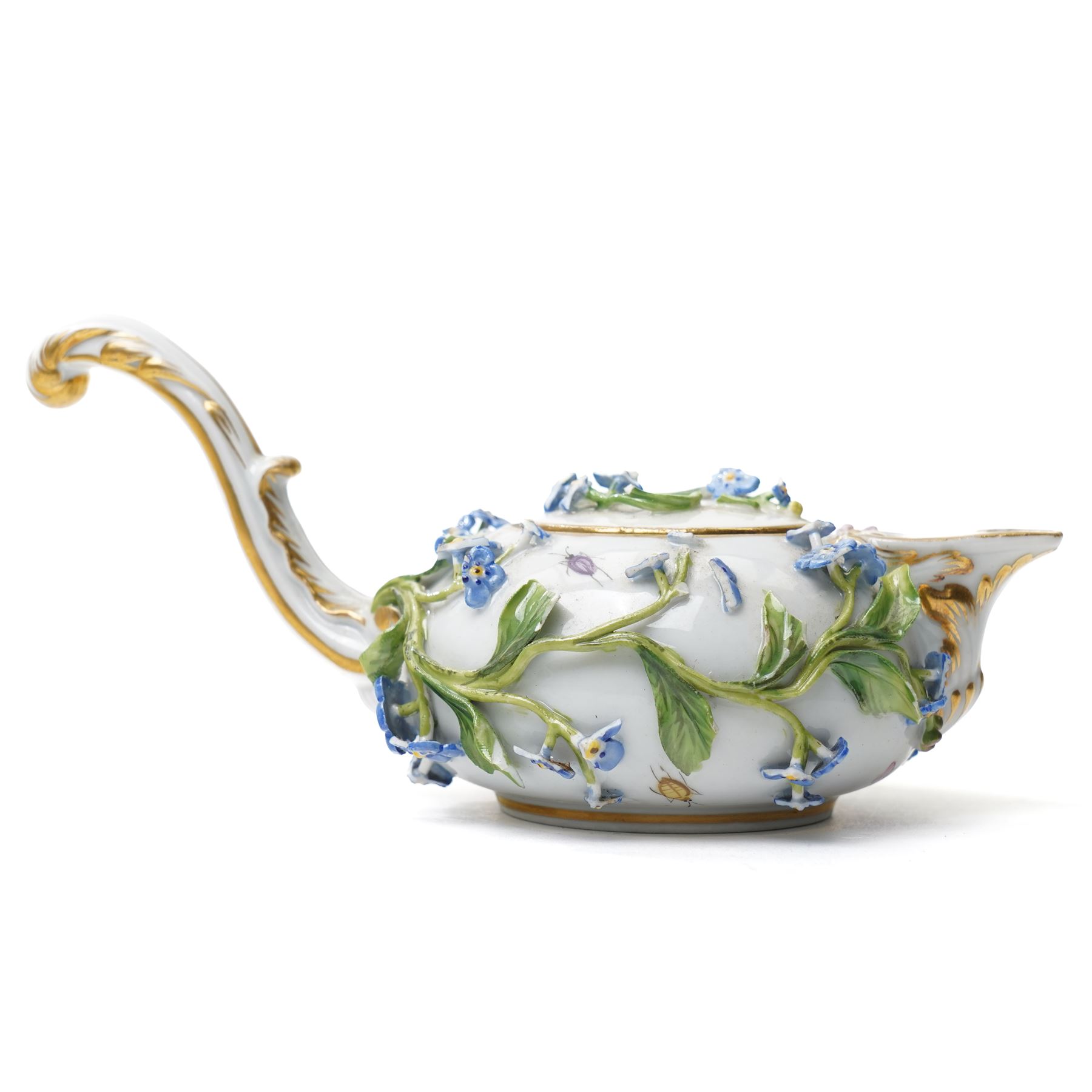 Early 19th century Meissen covered milk jug, of squat ovoid form with elongated handle, the body with encrusted forget-me-not floral decoration and leaves, with painted insects, underglaze blue crossed swords mark to base, W15cm