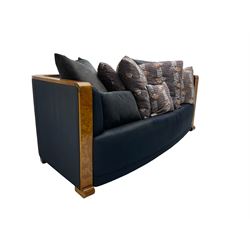 Thörmer Polstermöbel - Art Deco style sofa, of curved tapering form, framed in figured burr elm, upholstered in blue fabric with loose cushions