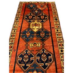 South West Persian Lori Runner, rust ground decorated with multiple interlocking medallions, the border decorated with stylised plat motifs