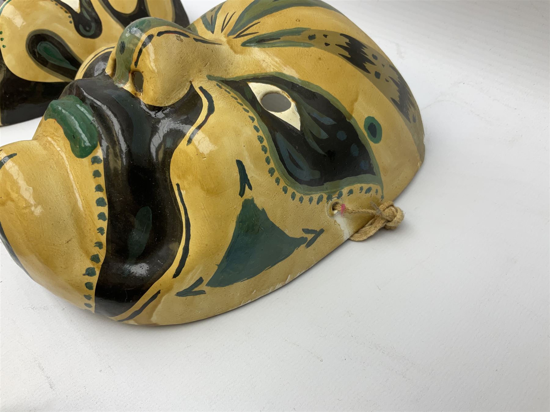 Five Japanese theatre / opera masks, the papier-mâché traditionally painted in the Noh Kabuki style, L18cm