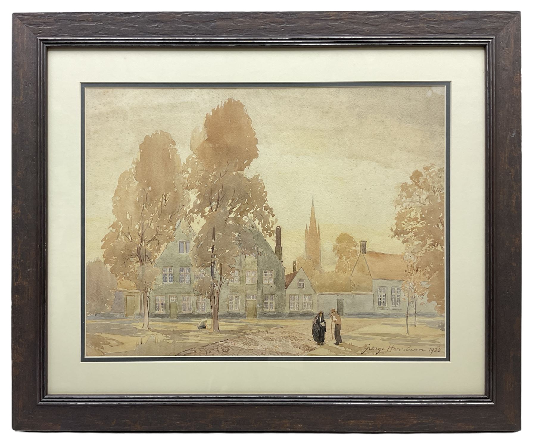 George Harrison (York 1882-1936): Figures in a Yorkshire Village with Steeple in Background, watercolour signed and dated 1925, 34cm x 46cm
Notes: Harrison studied at York School, Leeds College of Art, RCA and Newlyn. Became Principal of York School of Art and also ran a school of art at the Corn Mill Stamford Bridge York