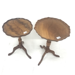 Two reproduction mahogany wine tables (H55cm), and a beech framed folding card table