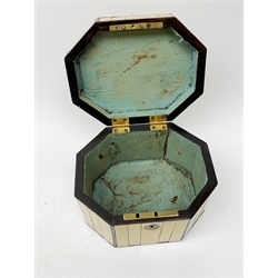 George III ivory tea caddy, of octagonal form with ebony stringing, brass handle and escutcheon, H13cm x W16cm 