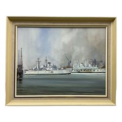 John Rohan Dominy (British 1926-): 'HMS Nottingham Leaving Portsmouth', oil on board signed, titled and dated 1987 verso 34cm x 44cm