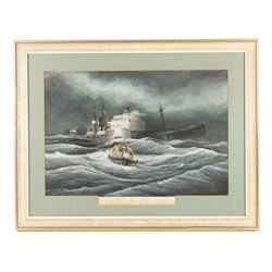 Alf Whiting (British 1905-1972): 'The Dover and Ramsgate Boats Stand By', watercolour signed, extensively titled on the mount, further titled verso 34cm x 50cm 

Notes: the picture depicts the rescue of the American Liberty Ship 'Western Farmer', which collided with the Norwegian tanker 'Bjor Gholm' twenty miles east of Deal on the 20th August 1952. The Dover lifeboat 'Southern Africa' and the Ramsgate lifeboat 'Prudential' rescued the entire crew of 37, by the light of the steam tug 'Rumania'.

Whiting was a Dover lifeboat man famed for returning from each rescue to paint the scene from memory. This was one of only two paintings done by Whiting showing a lifeboat of which he was not onboard; he had his legs in plaster at the time and was unable to go to sea, but the event became so famous that he was requested to paint it. An article on the artist from the East Kent Messenger, 13th July 1956, illustrating the present picture, is reproduced verso.