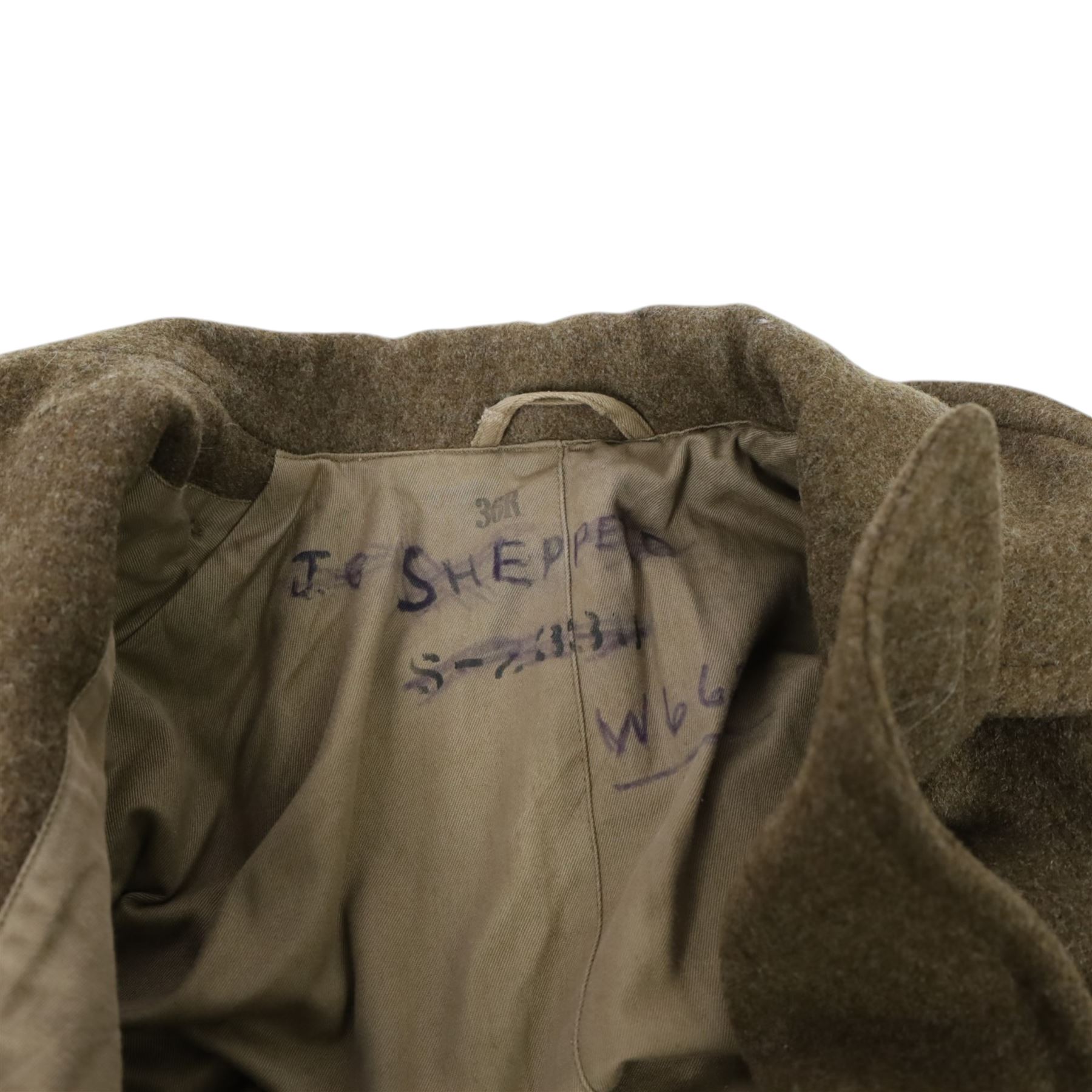 Army long wool jacket, with US Army WWII 82nd Airborne division patch, stamped inside 36R