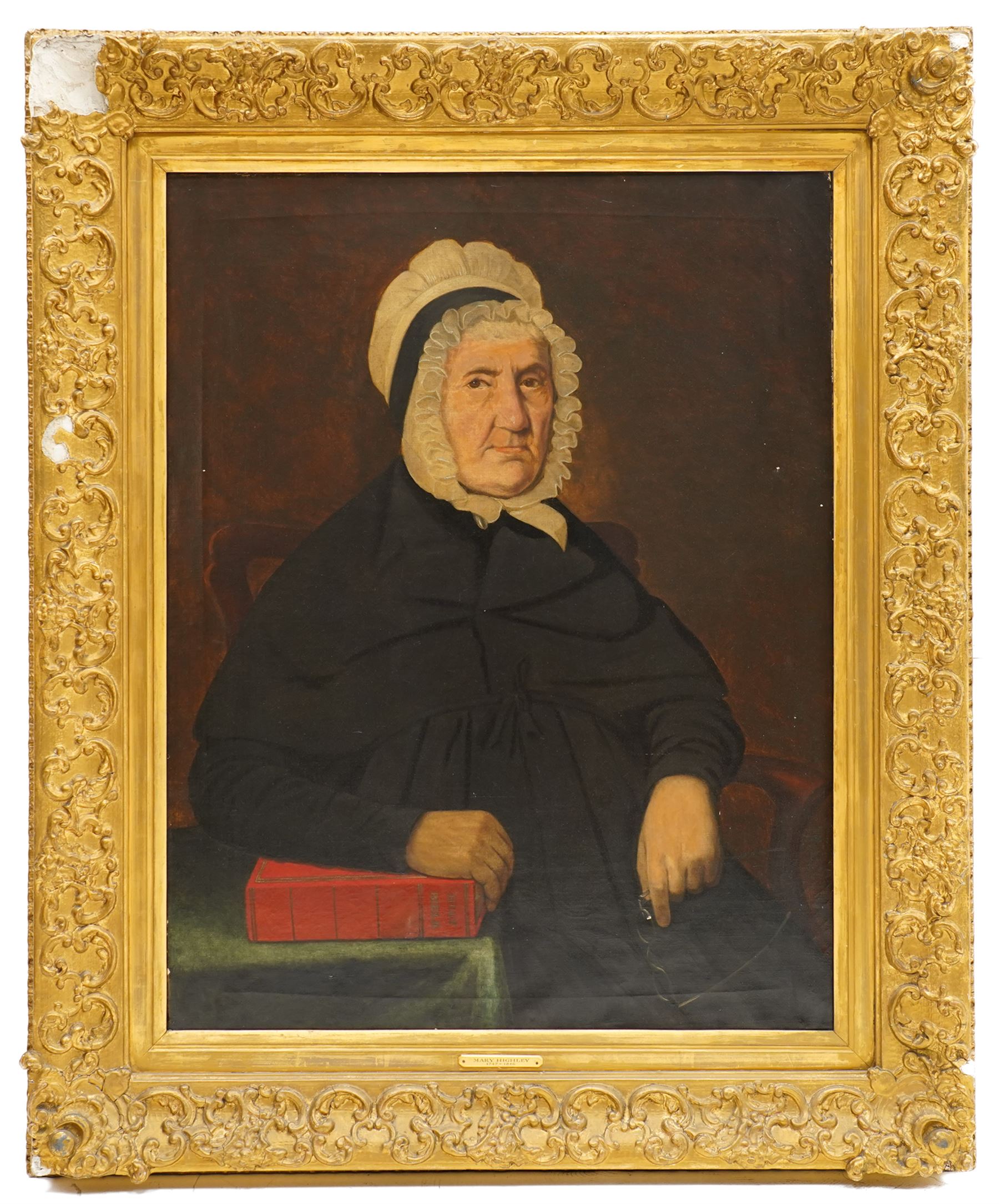 LTH (British Mid-19th century): Portrait of Mary Highley Aged 96 Holding a Holy Bible, oil on canvas signed inscribed and dated 1845 verso 90cm x 70cm