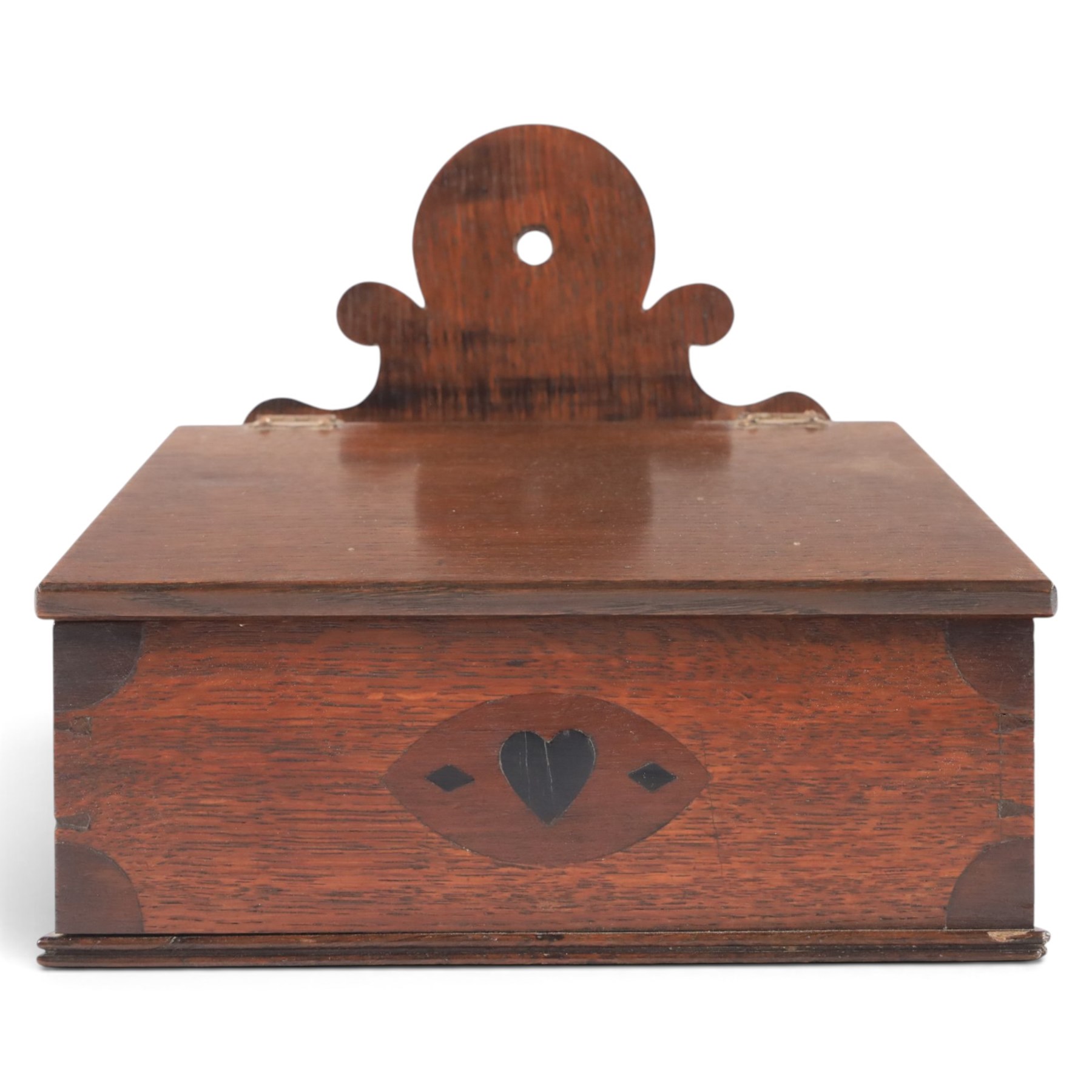 19th oak candle box, of rectangular form with hinged lid, the front with inlaid heart decoration, H25cm  