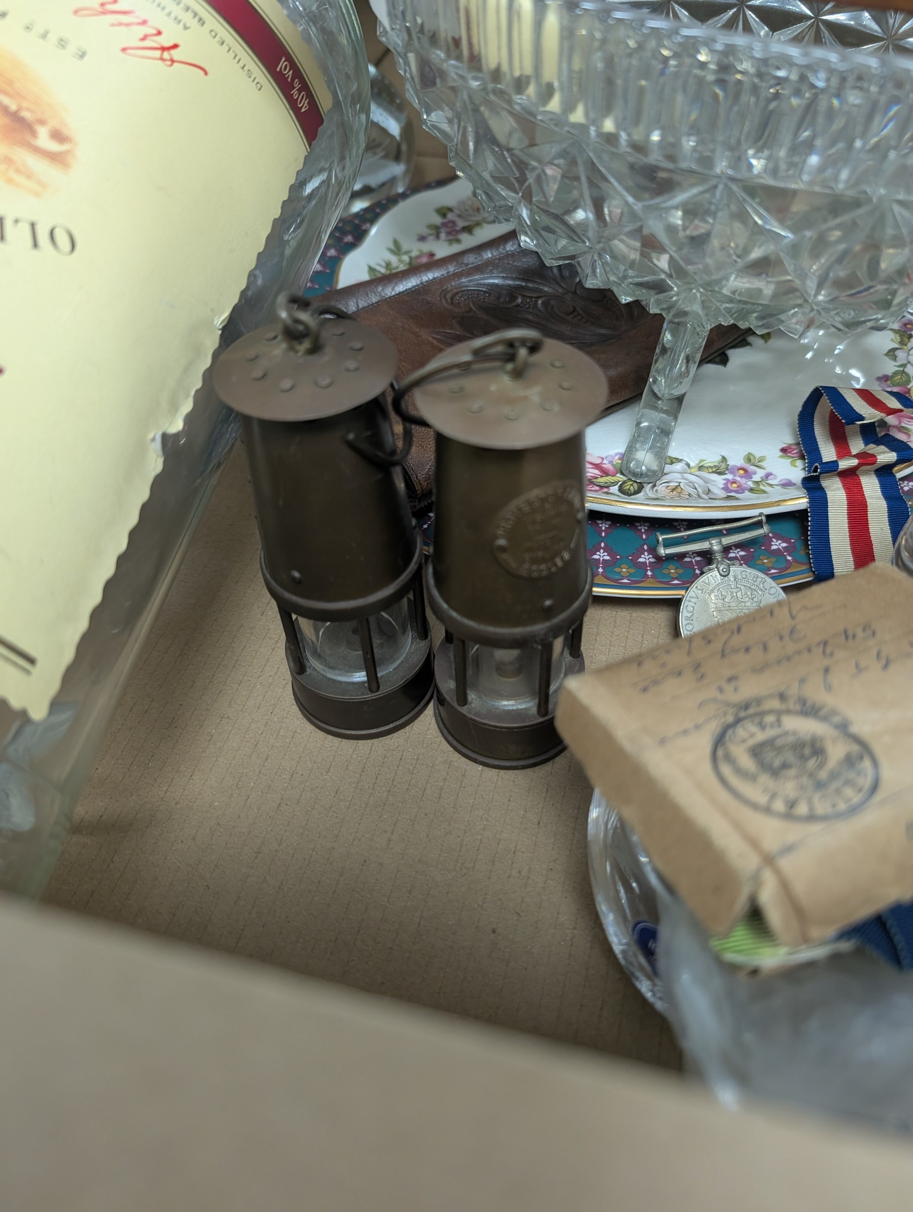 Set four framed WWII medals, further medals and a collection of ceramics and glassware, including Fenton chintz jugs, Minton Haddon Hall pin dish, etc