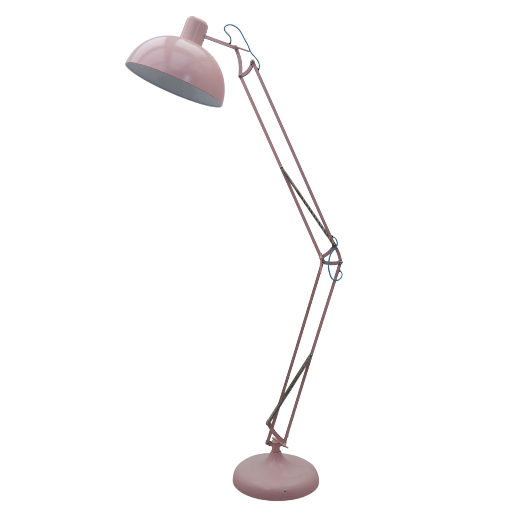 Contemporary pink floor lamp, in the manner of Anglepoise, counter balance sprung arm, blue cord with a weighted base 