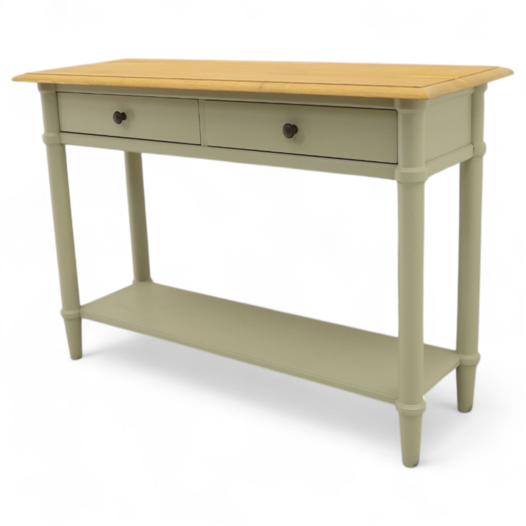 John Lewis - contemporary painted console table, rectangular oak top over single frieze drawer with turned knob handles, raised on four turned supports with lower platform shelf