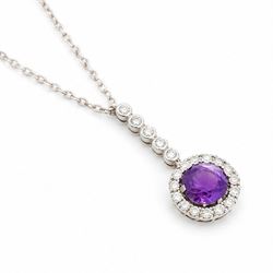 Early 20th century white gold silver amethyst and diamond pendant, round cut amethyst, surrounded by seventeen old cut diamonds, suspending from a five stone diamond set bail, to a silver chain necklace, total diamond weight approx 0.40 carat