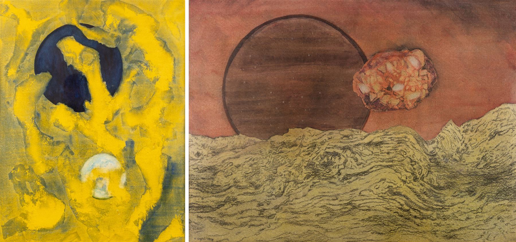 Kenneth Cozens (British 1920-2000): 'Planet and Fragment' and 'Interstellar Collision', one mixed media and one watercolour one signed and dated 1979, one titled verso max 54cm x 73cm (2)