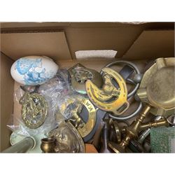 Quantity of brassware to include horse brasses, lamp and figures, wood pipes, horse bits, ceramics etc in two boxes