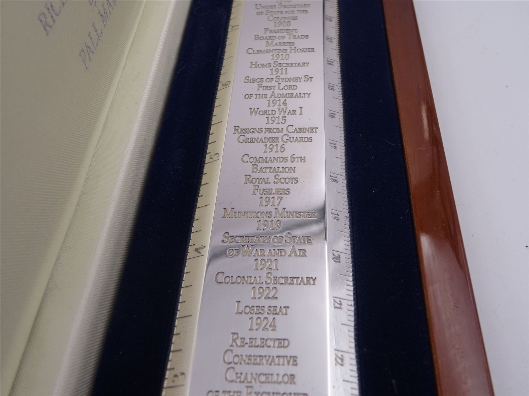 Modern silver 'Churchill Rule of Life' ruler, by Richard Jarvis of Pall Mall, engraved with the significant events and dates of Winston Churchill's life, from his birth in 1874 to his funeral in 1965, hallmarked Richard Jarvis, London 2007, L33.5cm, within wooden fitted case, with applied portrait to cover and silk and velvet lined interior