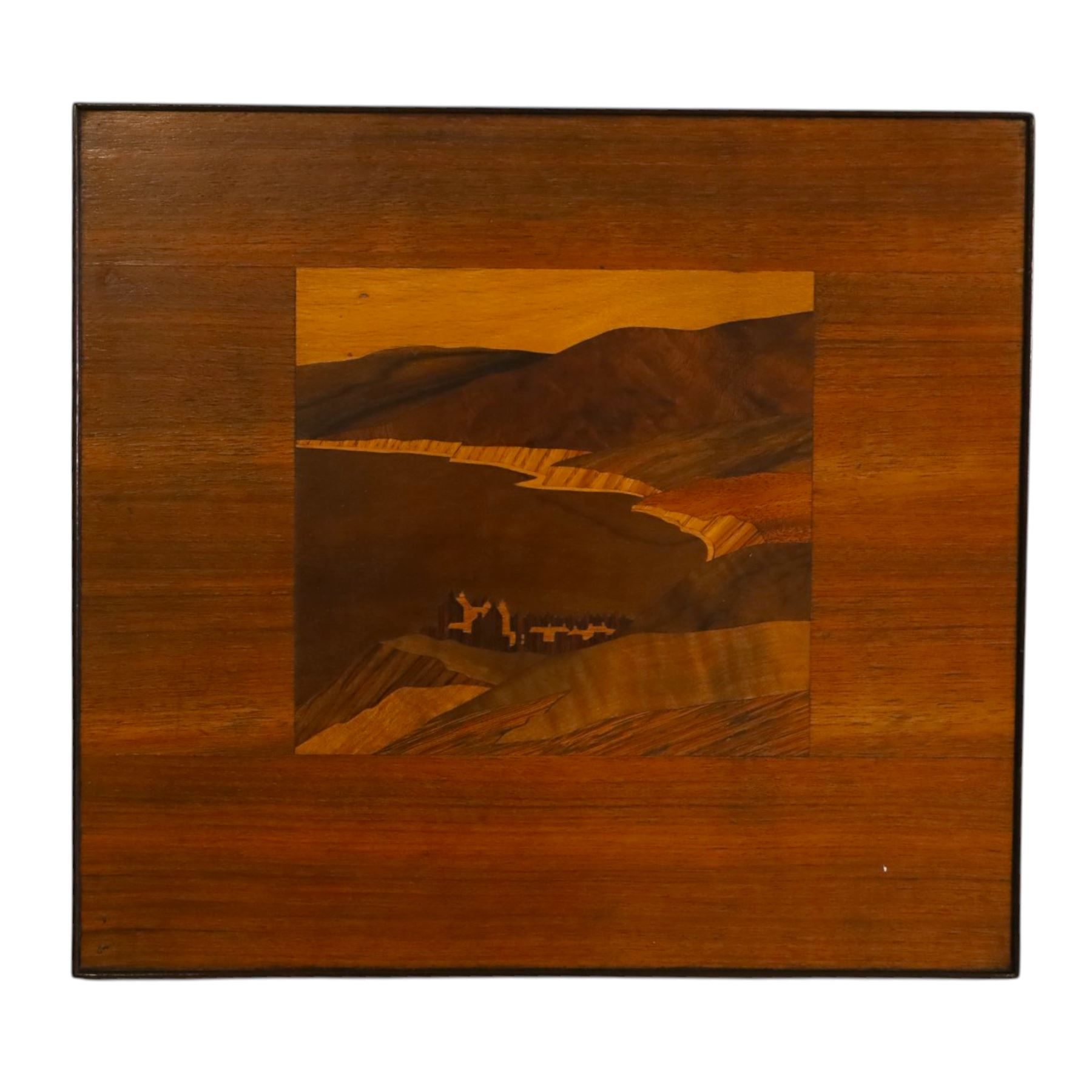 Spindler style marquetry panel of Robin Hood's Bay, H36cm, W39cm