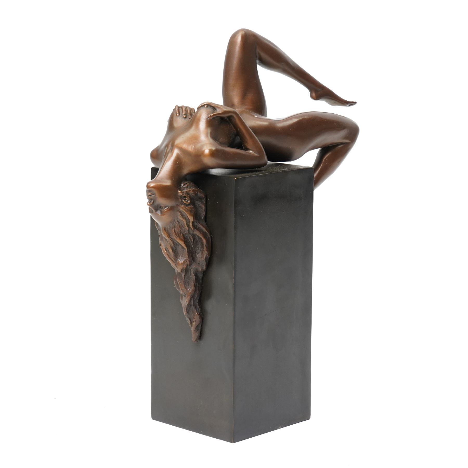 Bronze figure of an erotic reclining nude on rectangular hollow platform, with foundry mark, H27cm 
