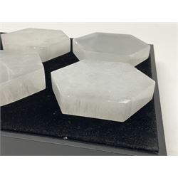 Set of six selenite hexagonal coasters, D7cm