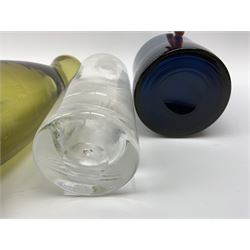 Kosta Boda decanter bottle, c1960, designed by Erik Höglund (1932-1998), in a triangular pressed form, engraved pattern number H1250/250, a clear glass decanter with bubble inclusion, probably Kosta Boda, two Scandinavian glass vases, ochra glass vase, Isle of Wight glass paperweight, Caithness glass paperweight & vase (8)