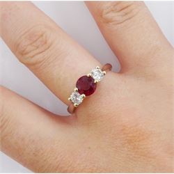 18ct white gold three stone ruby and round brilliant cut diamond ring, hallmarked, ruby approx 1.00 carat, total diamond weight approx 0.50 carat