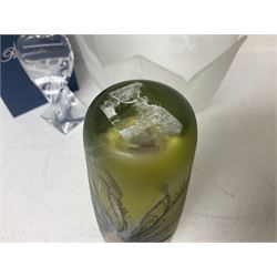 Late 20th century art glass, to include a Robert Held vase, of baluster form with iridescent swirl design, two frosted glass vases with peacock feather design on green and white ground, frosted glass tulip shaped bowl with smoke design and a Rogaska Crystal cobra candlestick, tallest vase 27cm