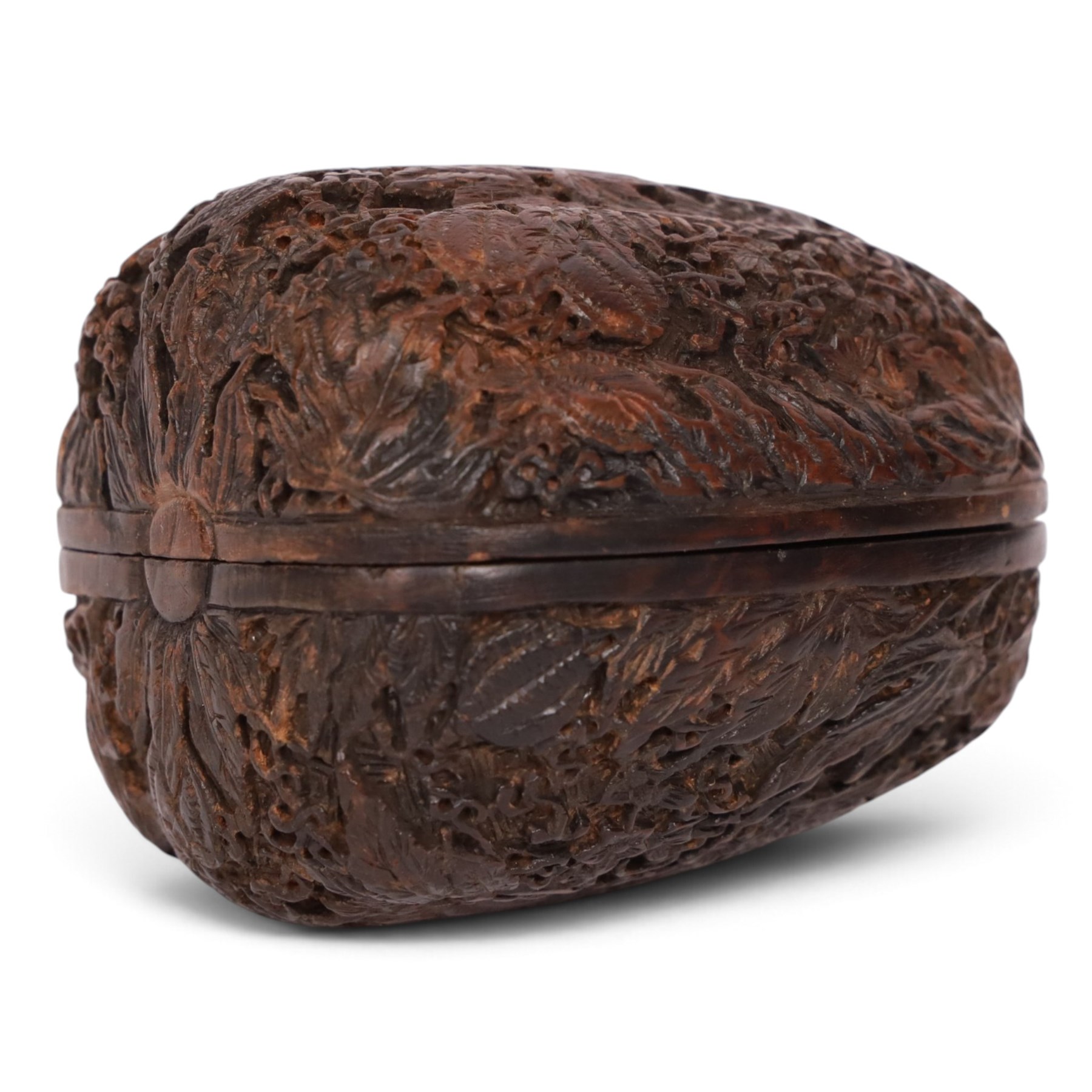 19th century Chinese cared nut/seed box, finely carved to the outside with foliate and animal motifs, L10cm, H8cm 