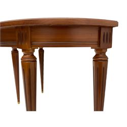 Contemporary cherry wood demi-lune console table, on tapering turned supports with fluting