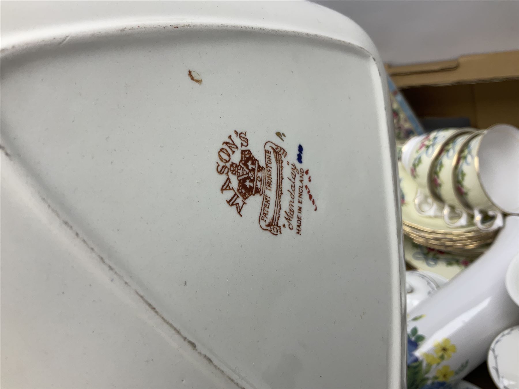 Royal Worcester miniature loving cup, Royal Doulton Wendy figure HN 2109, Lladro dish, two Giuseppe Armani figures, Staffordshire style figural vase, Crown Devon Fieldings blush ivory ewers and twin handled vases, Villeroy & Boch, Royal Doulton, Carlton Ware, Masons ironstone, other ceramics, teawares etc in four boxes