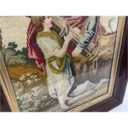 Victorian woolwork picture, depicting Abraham handing Isaac the wood offering for his sacrifice, by Louisa Elvira Turner, 1868, in glazed frame, H71cm W58cm