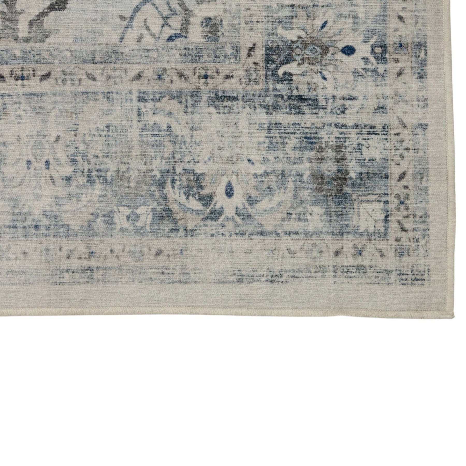 Ruggable - ‘Sarrah’ blue quartz flatwoven washable rug, ivory ground with blue and grey floral medallion, scrolling foliage and patterned borders, with a distressed effect finish, two-piece construction comprising a removable cover and separate pad, with a water-resistant and stain-resistant polyester barrier