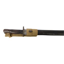 British bayonet, the 44cm blade stamped to the the ricasso Sanders, with wooden two piece grip,  in a steel scabbard with canvas frog, overall L58cm