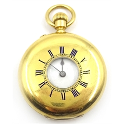 18k gold cased half hunter key wind fob watch, the inner case inscribed 'Examined by Dent watchmaker to the Queen 33 Cockspur Street London' movement and case stamped LC  