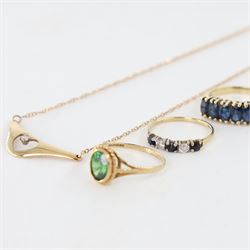 9ct gold jewellery including diamond pendant necklace, six stone sapphire ring, green stone set ring and a sapphire and cubic zirconia ring