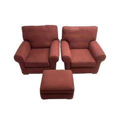 Multiyork - traditional three seat sofa upholstered in claret red fabric (W200cm H80cm); and pair matching armchairs (W103cm) 