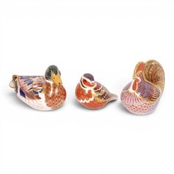Three Royal Crown Derby paperweights, comprising Mallard silver stopper, Cockerel silver s...