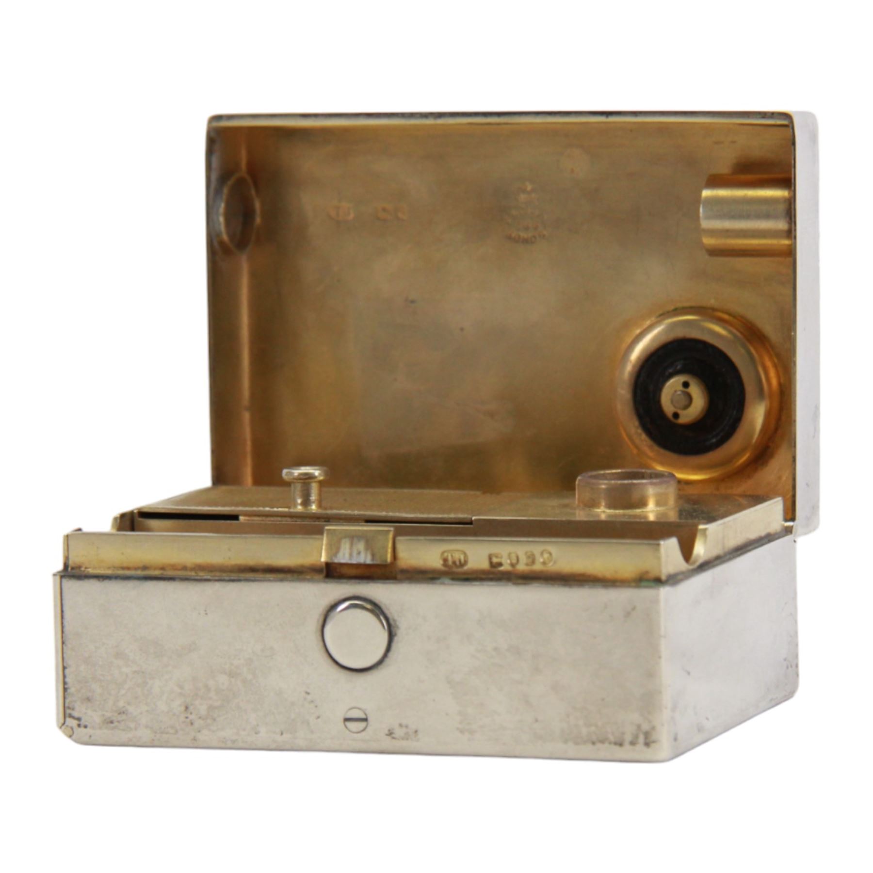 Victorian silver travelling desk compendium, of plain rectangular form, the hinged cover opening to reveal a fitted gilt interior containing inkwell, vesta case, fold down candle holder and seal tray, hallmarked Thomas Johnson I, London 1871, also bearing retailer mark for Asprey Bon Street, H3.5cm W8cm D5.5cm