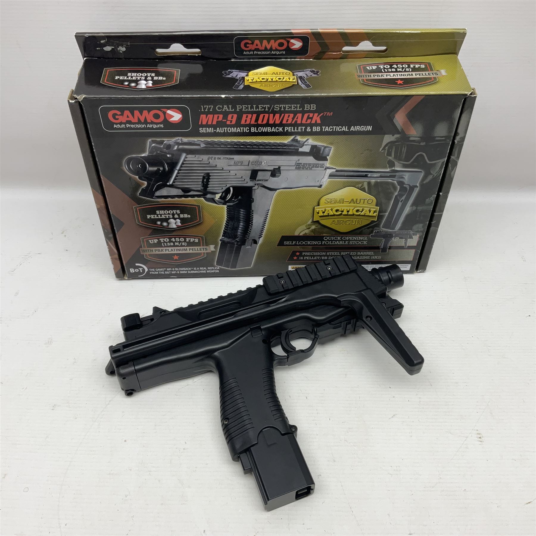 Gamo MP-9 .177 cal. semi-auto blowback pellet/BB CO2 gun, serial no.14J39179, L30cm; on original box with accessories and paperwork  NB: AGE RESTRICTIONS APPLY TO THE PURCHASE OF AIR WEAPONS.