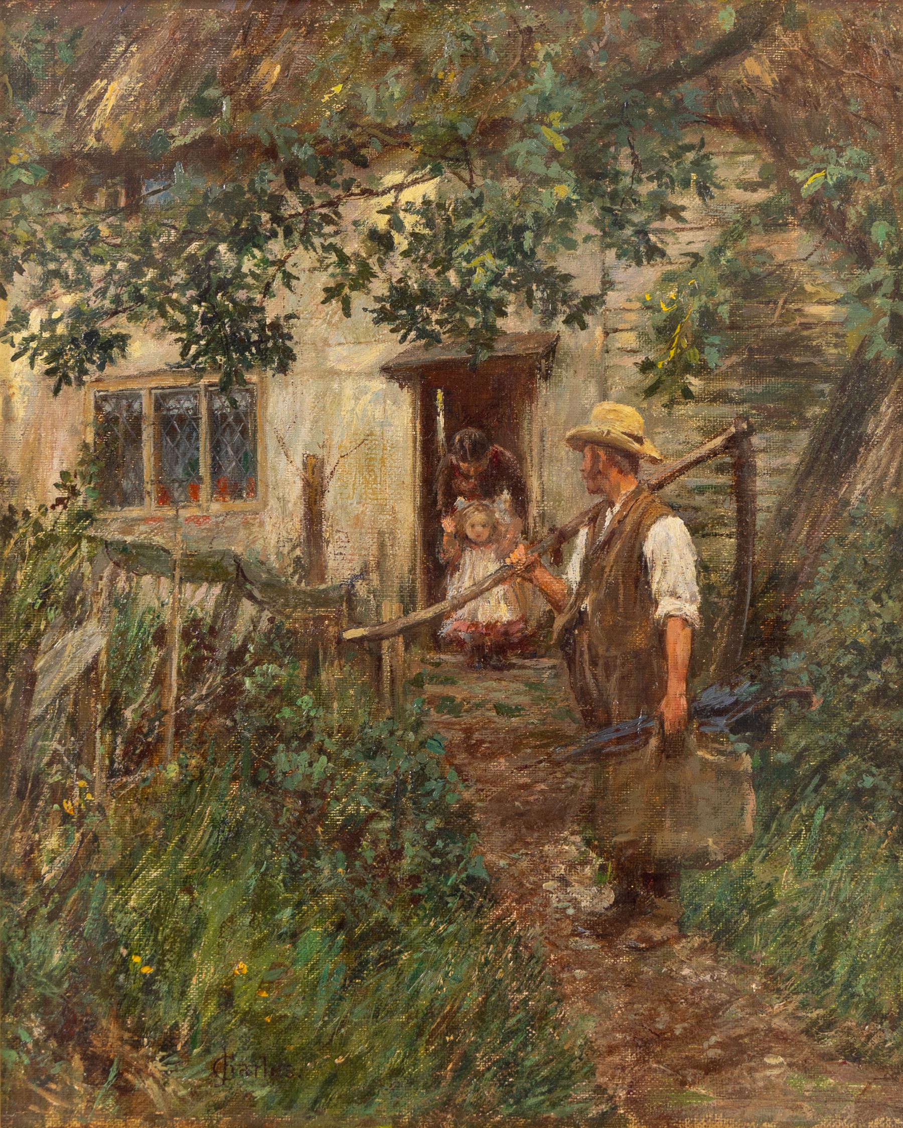 James Charles (British 1851-1906): The Reaper Leaving for Work, oil on canvas signed 31cm x 25cm