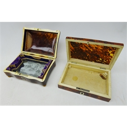  Collection of five serpentine and rectangular 19th century Tortoishell Jewellery boxes, three on ivory feet, an Etui case and a Continental purse, mounts stamped WP93, W15cm max, (7) Provenance Sotheby's Amsterdam 14-17 March 2011   