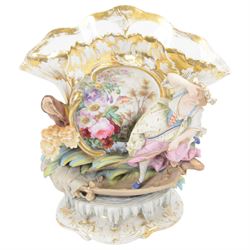 19th century Continental part bisque and glazed porcelain vase, the fan shaped vase hand painted with a floral spray, upon a punt navigated by a female figure, H39.5cm W39cm