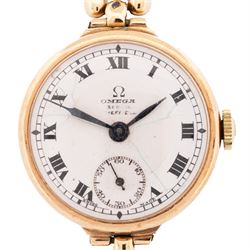 Omega early 20th century 9ct gold manual wind wristwatch, white enamel dial with subsidiary seconds dial, case by Dennison, Birmingham 1927, on a gold-plated strap and an Americ 14ct gold manual wind wristwatch, stamped 14K
