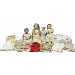 German composition head doll with applied hair, sleeping flirty eyes, open mouth with teeth and trembly tongue, and composition body with jointed limbs H43cm; three wax head dolls; and quantity of doll's clothing